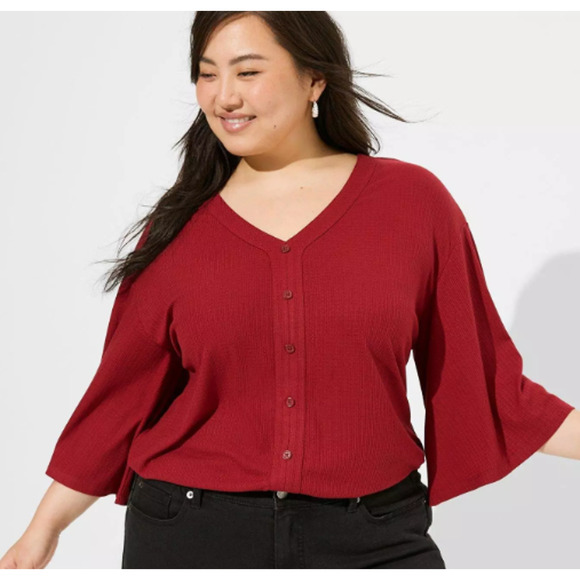 Torrid Textured Jersey V-Neck Button Down Dolman Sleeve Top 3X Dark Red V Neck - Picture 1 of 15